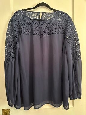 Jessica London Lace Yoke Chiffon Tunic with Flyaway Sleeves in Navy Blue (20W)